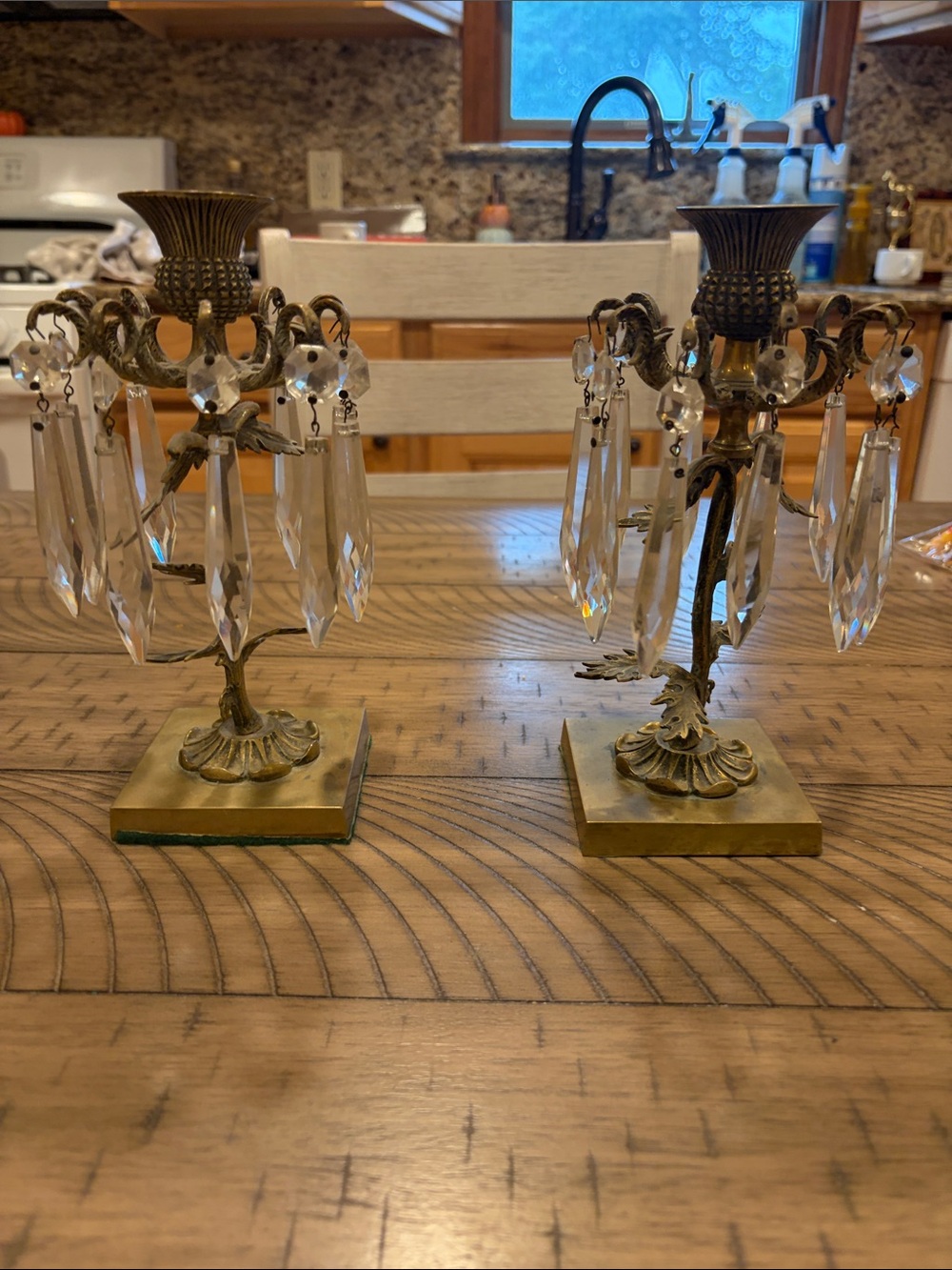 Antique-Style Brass Crystal Taper Candle Holders - Pair Girandole